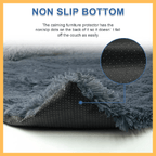 Gray fluffy dog bed with anti-slip dotted bottom, close-up detail shown