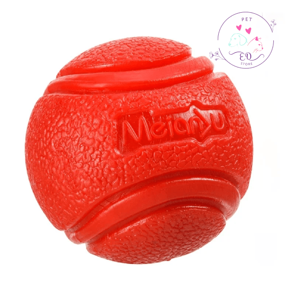 Red textured eco-friendly dog chew ball toy with Pet Eco Store logo on white background