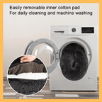 Removable cotton pad in black pet bed being placed in washing machine for easy cleaning