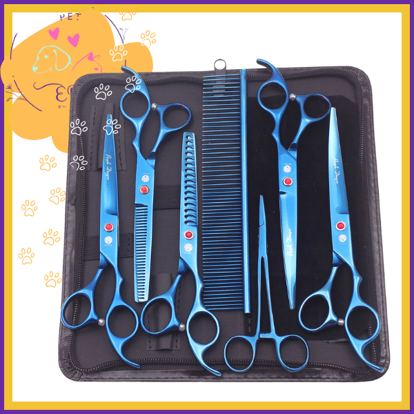 Royal Blue pet grooming shears set with comb in black case, dog grooming tools.