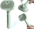 Green self-cleaning pet grooming brush with mist spray, USB charging port and ergonomic handle