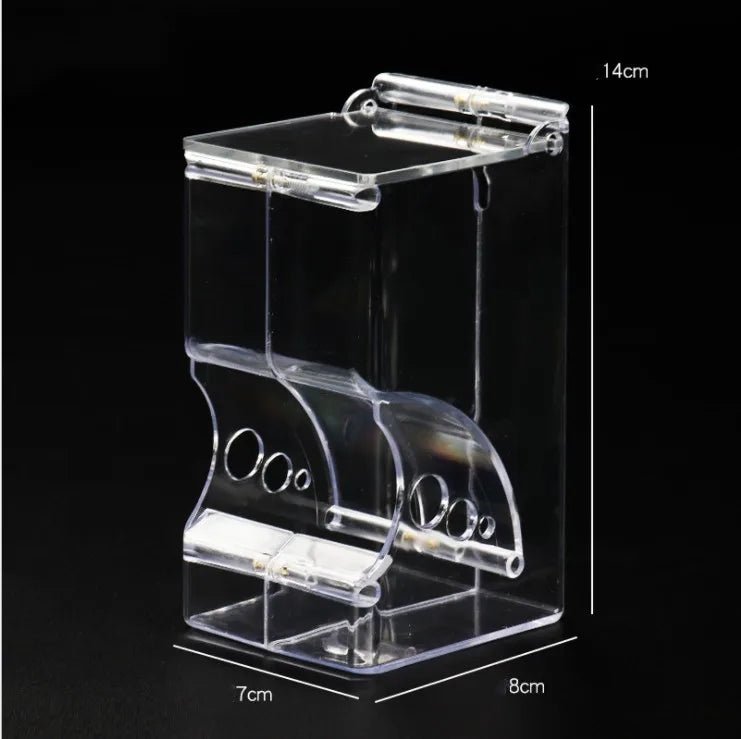 Clear acrylic insect feeder box with air holes, 14x8x7cm, on black background