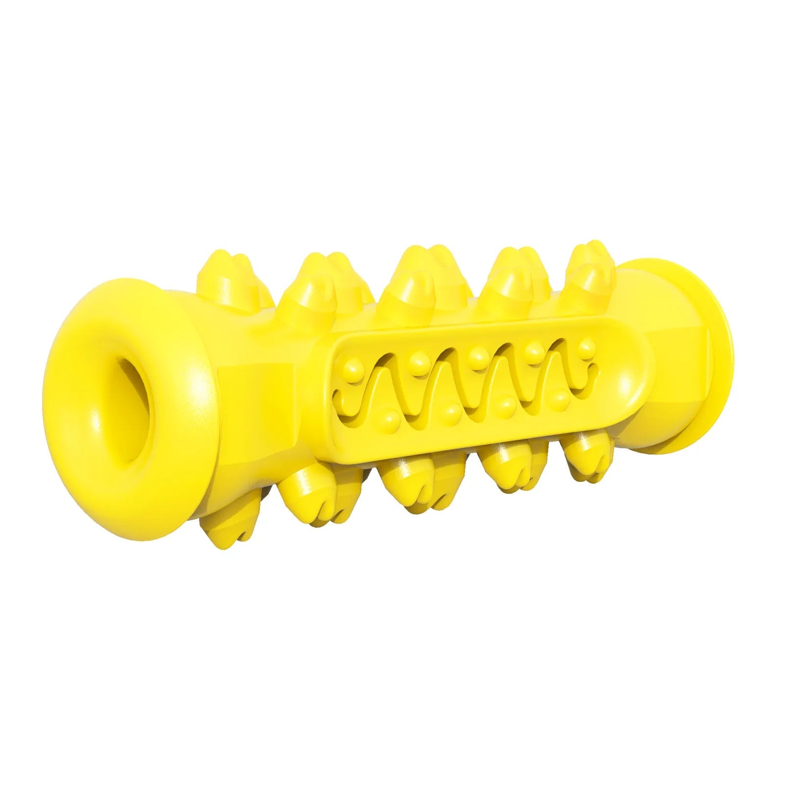 Yellow textured dog chew toy with raised nubs and zigzag design on white background