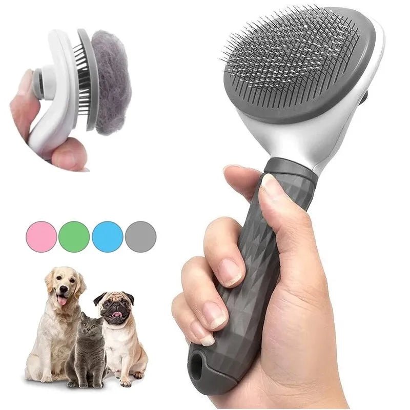 Hand holding pet grooming brush for dogs and cats with self-cleaning feature