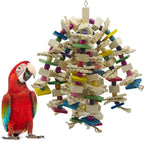 Colorful parrot toy with wooden blocks, rope, and beads next to a red parrot