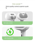 White pet comb with ABS material and USB charging, strict quality control, close-up view