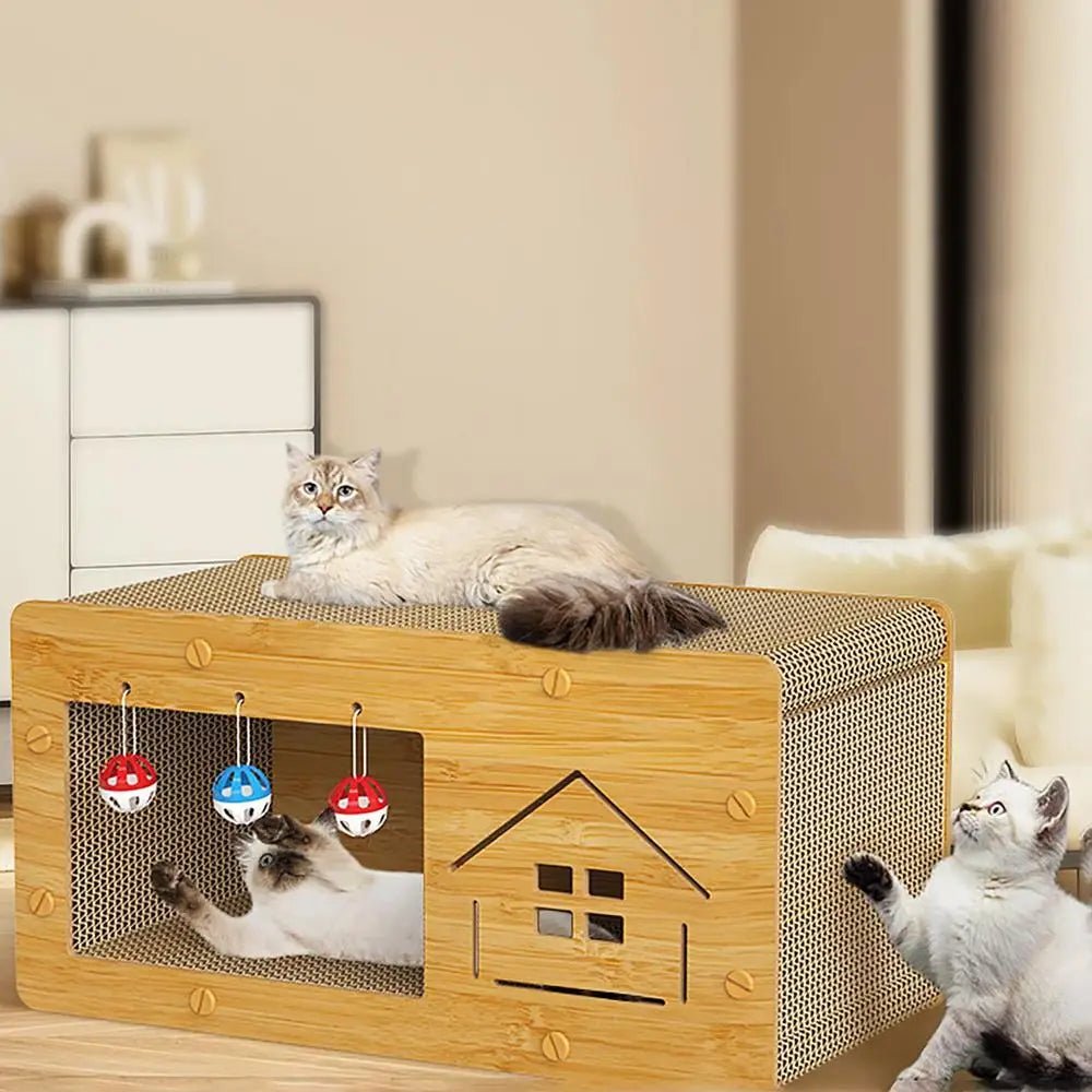 Three cats with wooden cat scratching house, toys, and modern living room background