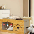 Three cats with wooden cat scratching house, toys, and modern living room background