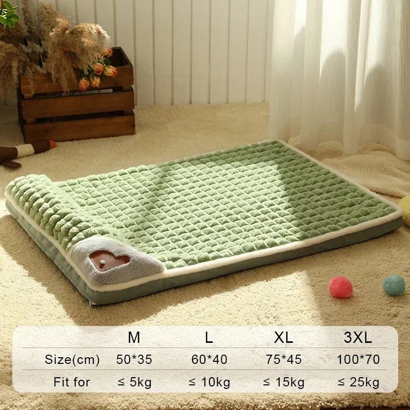 Soft green pet bed mat with textured surface, heart corner design, size and weight chart