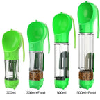 Green portable pet water bottle and food dispenser, 300ml and 500ml sizes, four variants displayed