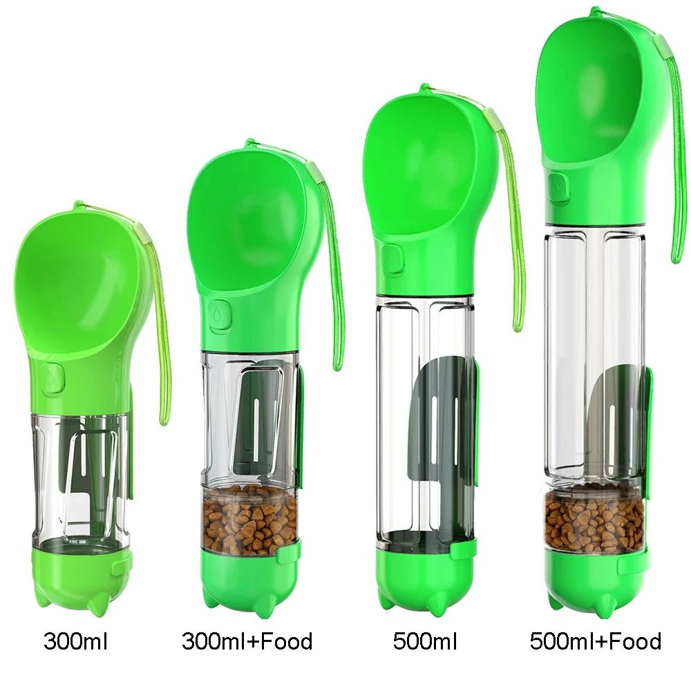 Green portable pet water bottle and food dispenser, 300ml and 500ml sizes, four variants displayed