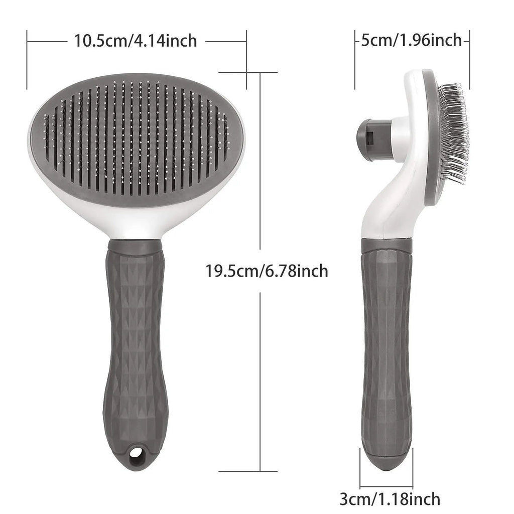 Gray pet grooming brush with ergonomic handle, shown front and side with measurements.
