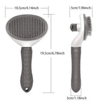 Gray pet grooming brush with ergonomic handle, shown front and side with measurements.