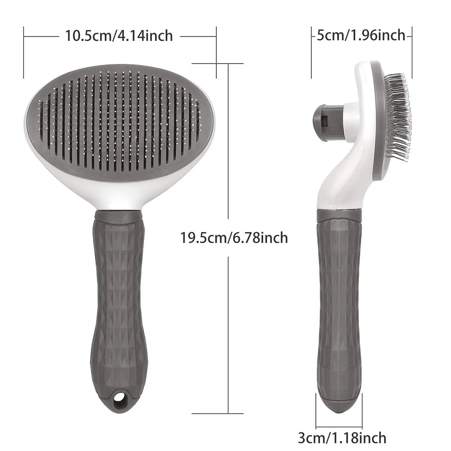 Gray pet grooming brush with ergonomic handle, shown front and side with measurements.
