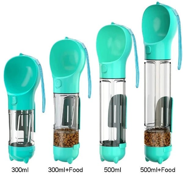 Portable turquoise pet water bottles with food containers, 300ml and 500ml sizes.