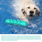 Golden retriever swimming in blue pool with floating green dog water toy.