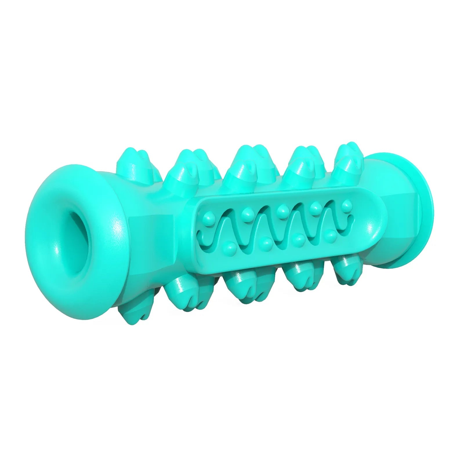 Turquoise textured dog chew toy with raised bumps and zigzag grooves on white background