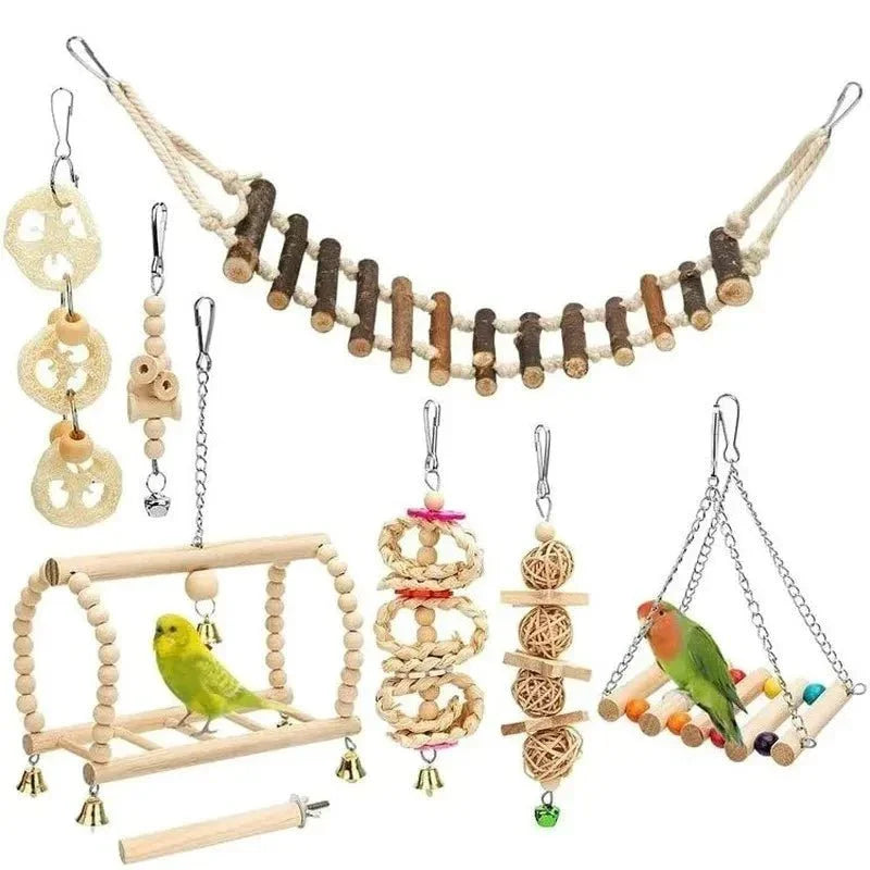 Bird cage toys set with wood ladder, hanging swings, chew toys, and two parakeets