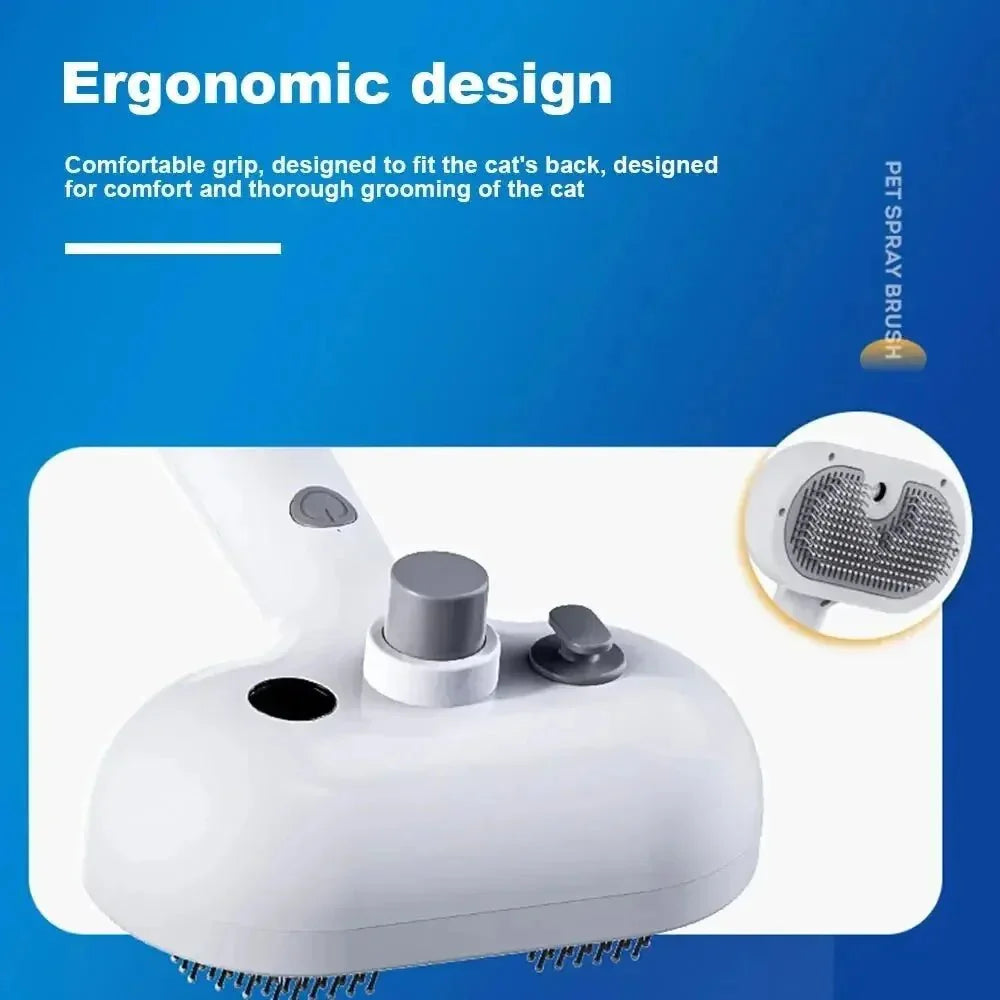 Ergonomic pet spray brush with comfortable grip for cat grooming, blue background.