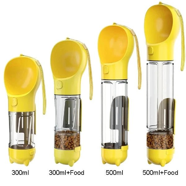 Yellow portable pet water bottles with food compartments, 300ml and 500ml sizes shown.