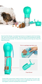 Bulldog eating next to portable pet water bottle with built-in dog food container and poop shovel