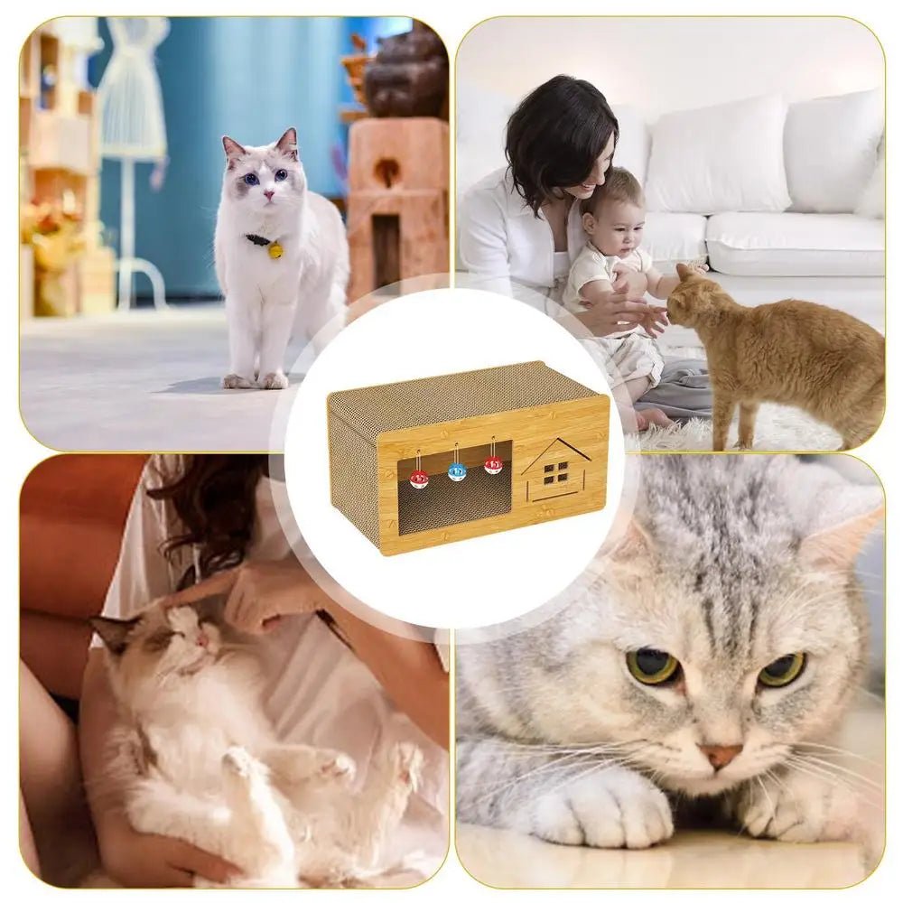 Collage of cats with people and a wooden cat scratch house toy in the center.