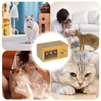 Collage of cats with people and a wooden cat scratch house toy in the center.