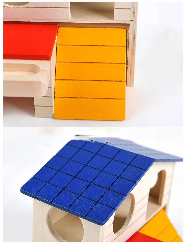 Colorful wooden pet house with yellow ramp and blue roof, hamster cage accessory