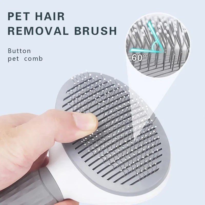 Pet hair removal brush with button, ergonomic handle, and close-up of angled bristles