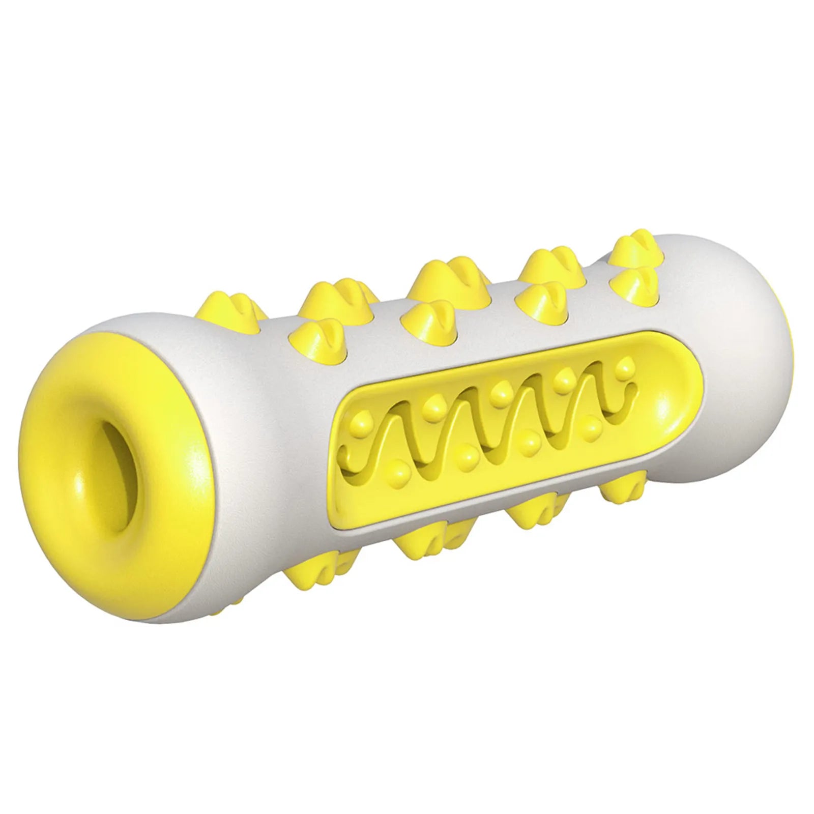 Yellow and white textured dog chew toy with raised nubs and grooves on white background
