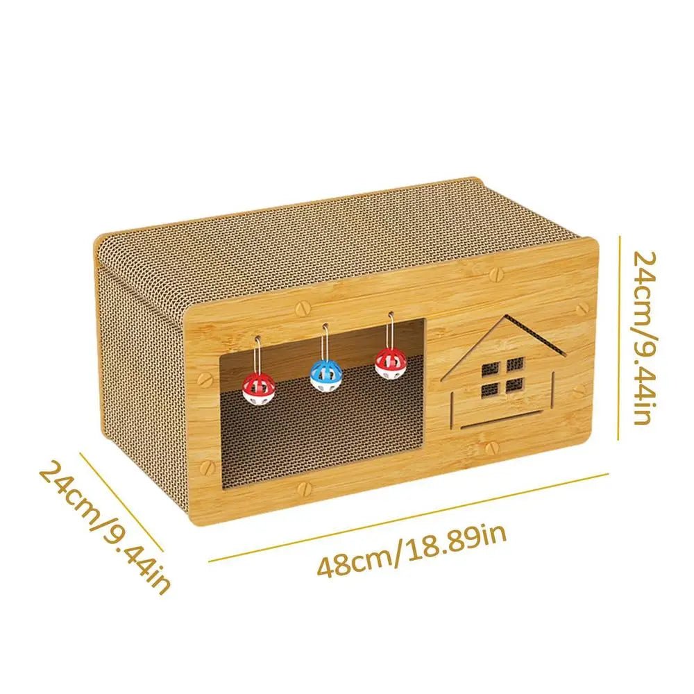 Rectangular cat scratcher house with hanging balls, wood finish, 48x24x24cm dimensions