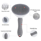 Gray pet grooming brush with ergonomic handle, round comb needles, and anti-slip design.