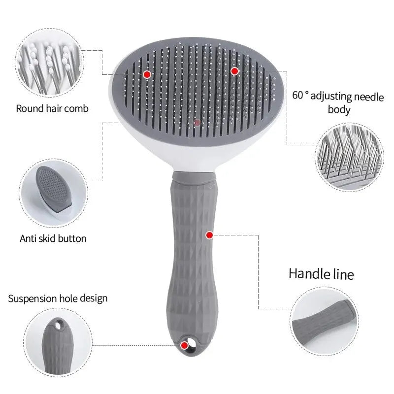 Gray pet grooming brush with ergonomic handle, round comb needles, and anti-slip design.