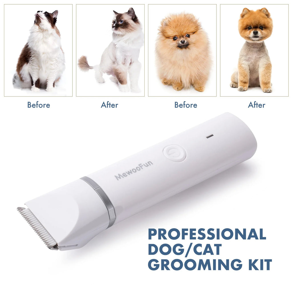 Professional pet grooming kit with before and after images of groomed dog and cat using clipper