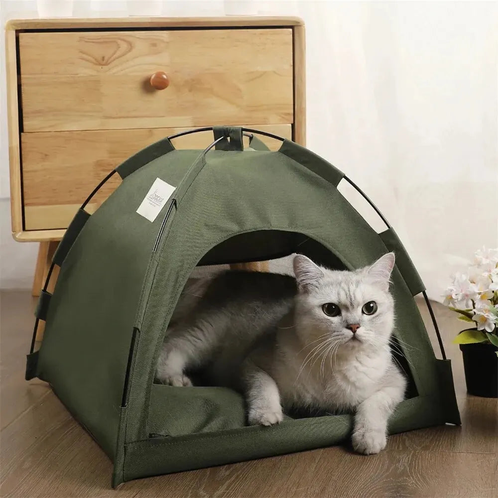 CozyHide: Foldable Pet Nest Tent with Cooling & Warming Pads for All-Season Comfort