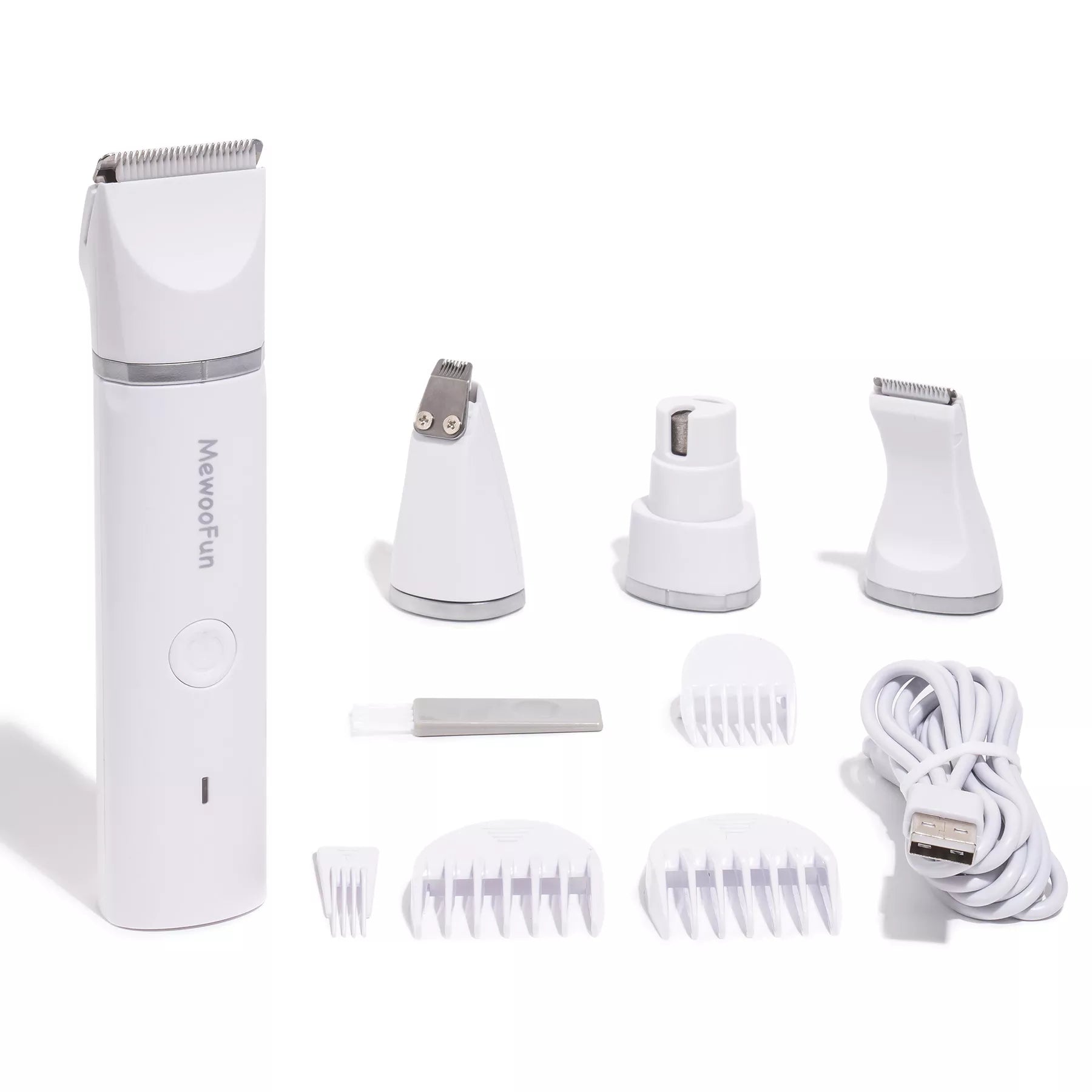 MewooFun white pet grooming clipper set with attachments and USB charging cable
