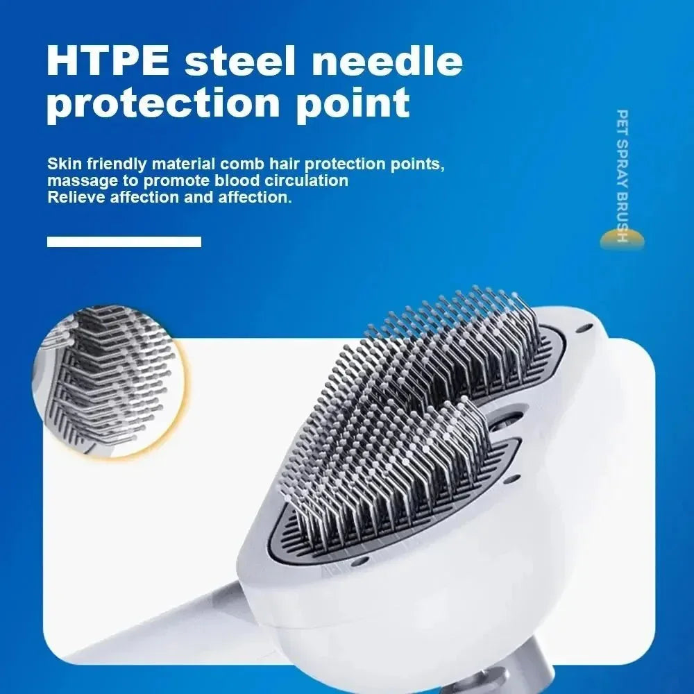 HTPE steel needle pet spray brush with protective points on white handle, close-up view