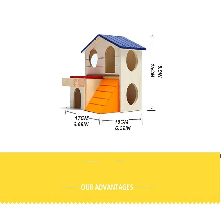 Wooden hamster house with blue roof, orange ramp, round holes, and size dimensions displayed.