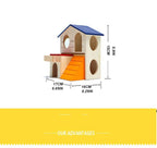 Wooden hamster house with blue roof, orange ramp, round holes, and size dimensions displayed.