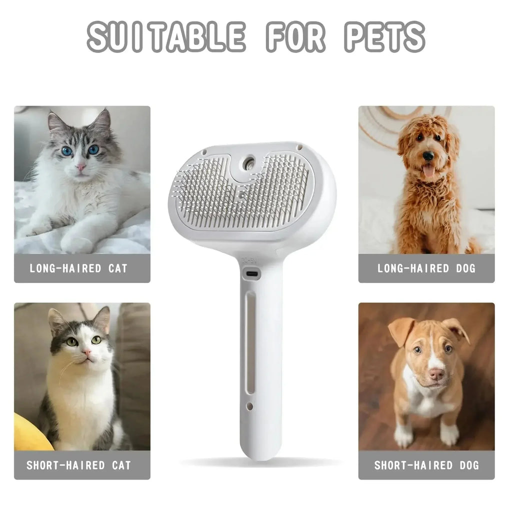Pet grooming brush for long-haired and short-haired cats and dogs, shown with pet photos