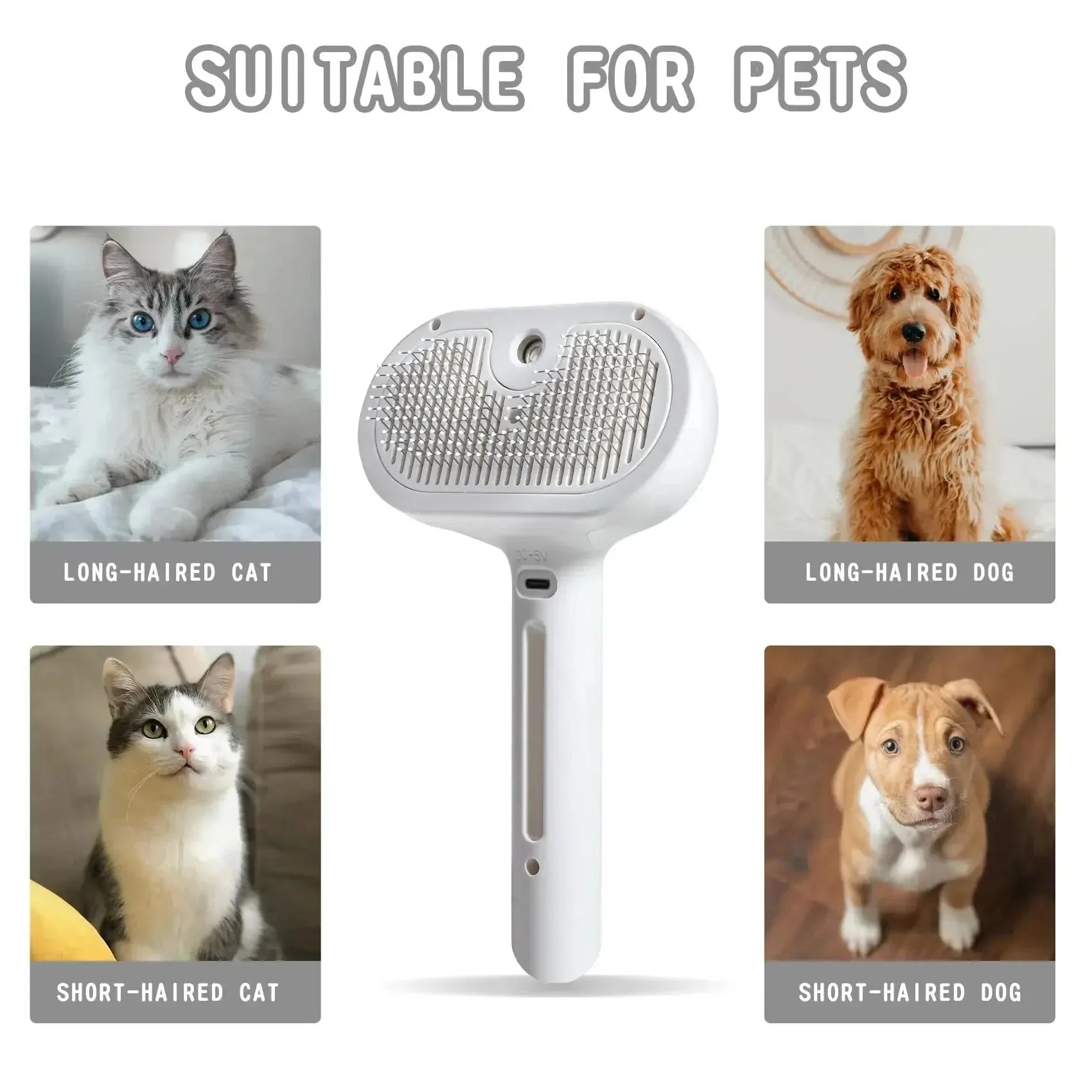 Pet grooming brush for long-haired and short-haired cats and dogs, shown with pet photos