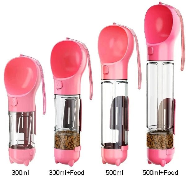 Pink portable pet water bottles and food dispensers in 300ml and 500ml sizes with wrist straps