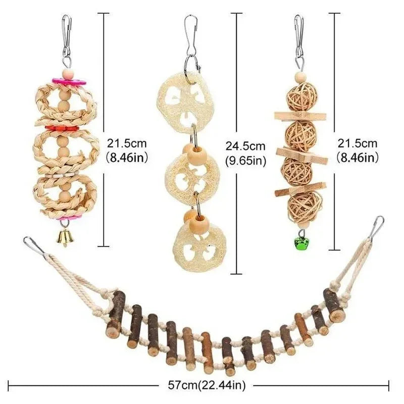 Natural hamster chew toys and wooden bridge set with measurements, pet cage accessories