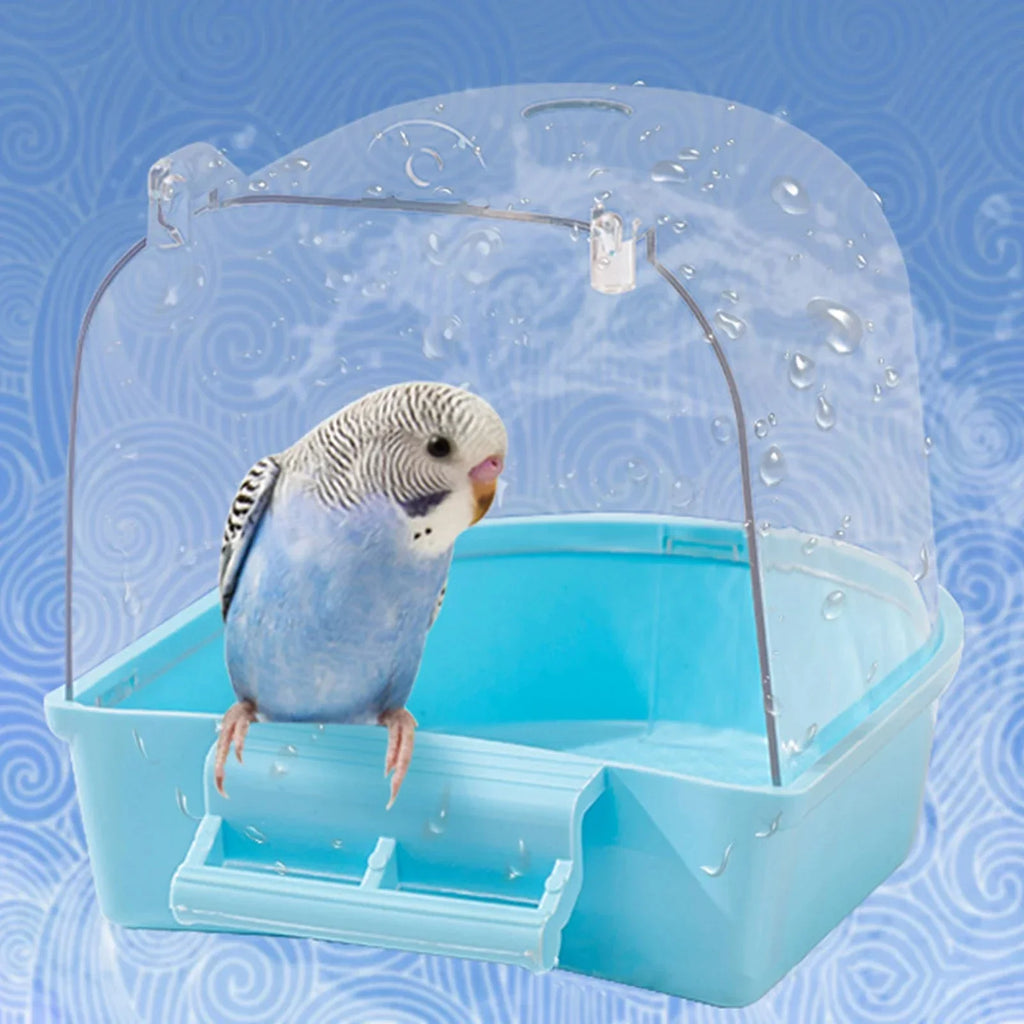 Blue budgie in a transparent plastic bird bath with water droplets, blue swirl background