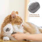Person brushing orange and white cat with pet grooming brush, close-up, text reads 'Effortless & Comfortables'.