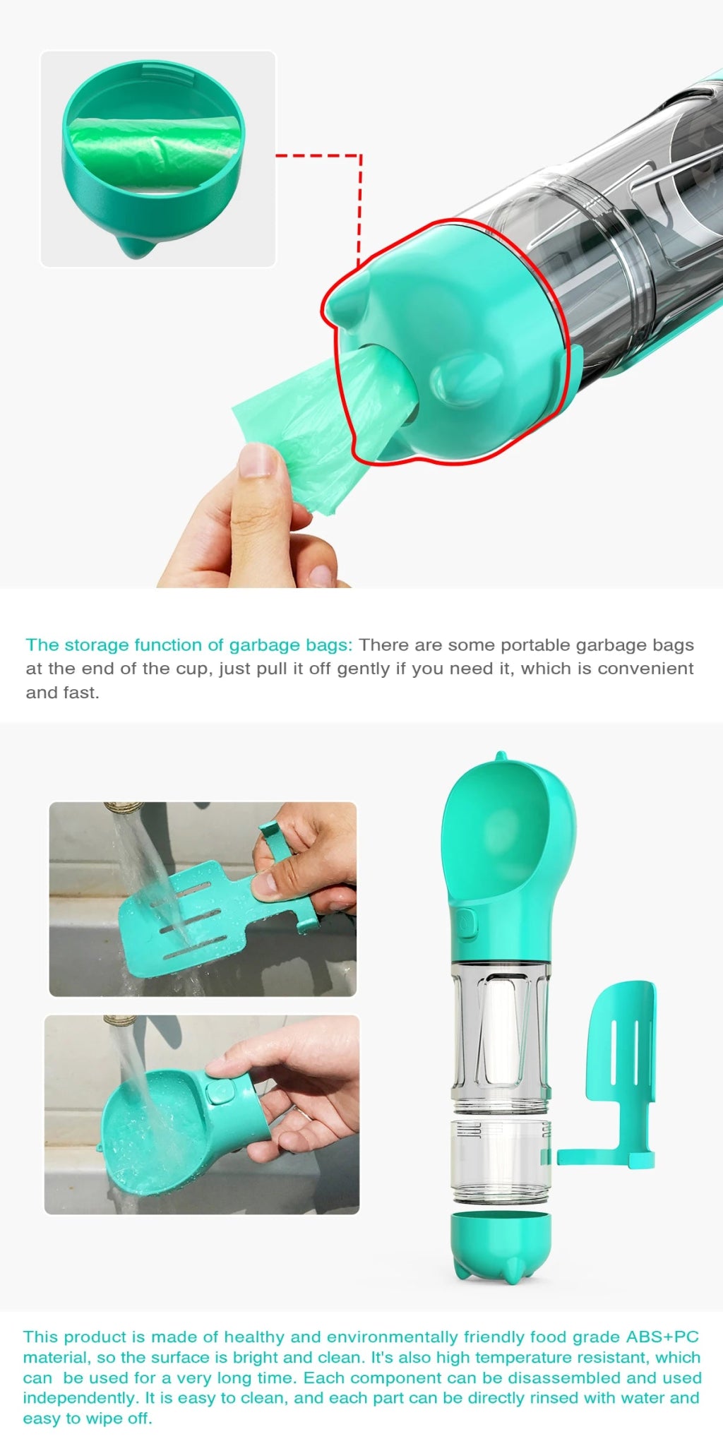 Turquoise portable pet water bottle with garbage bag storage and detachable, easy-clean parts
