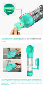 Turquoise portable pet water bottle with garbage bag storage and detachable, easy-clean parts