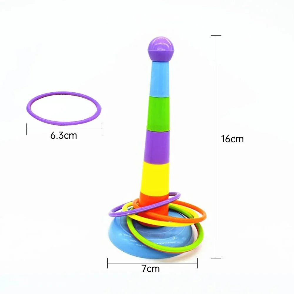 Colorful plastic ring toss game for kids, 16cm tall with 6.3cm rings and a blue base.