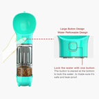 Portable pet water bottle with food storage, large button, and leak-proof design in turquoise