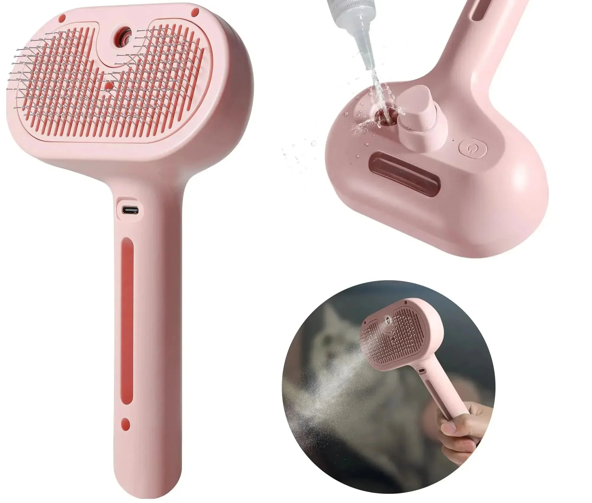 Pink pet grooming brush with water spray, USB charging port, and filling spout